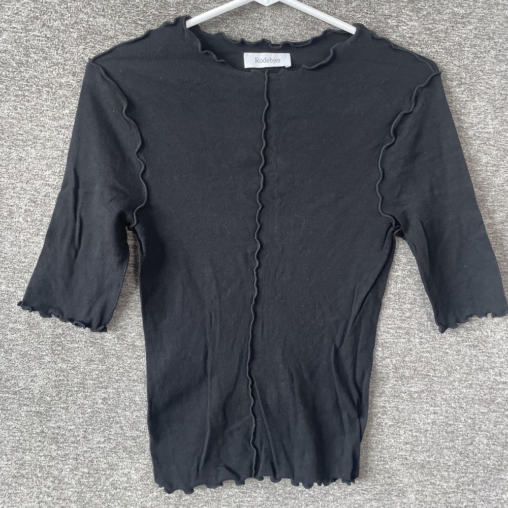 Rodebjer Shirt Womens XS Black Crew Neck 3/4 Sleeve Samantha Rib Lettuce Top